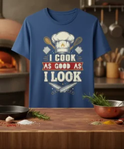I Cook As Good As I Look quote on a blue t-shirt with chef hat and crossed knives graphic