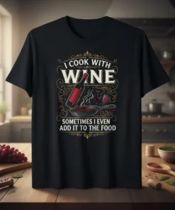 I Cook With Wine Sometimes I Even Add It To The Food quote on a black t-shirt, featuring a wine