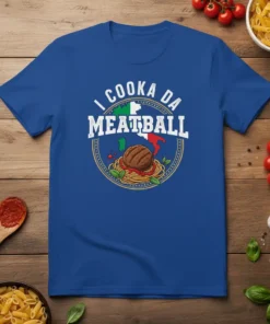 Blue t-shirt with "I Cooka Da Meatball" text, an Italian flag map, and a meatball on spaghetti graphic