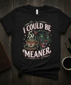 Black t-shirt with "I Could Be Meaner" text, a steaming coffee cup, and a fierce panther graphic