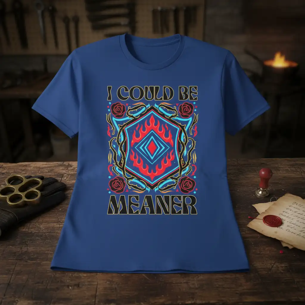 I Could Be Meaner quote with fiery emblem and gothic roses on a graphic tee, designed for bold personalities