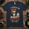 I Could Be Meaner text with a skeleton holding coffee, wearing sunglasses and a bandana, on a navy t-shirt