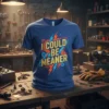 Blue t-shirt with gold and teal text "I COULD BE MEANER" surrounded by red and blue lightning bolts and gears