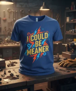 Blue t-shirt with gold and teal text "I COULD BE MEANER" surrounded by red and blue lightning bolts and gears