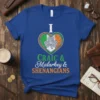 I CRAIC & Malarkey & SHENANGIANS text with Irish flag heart and shamrock graphic on a blue t-shirt