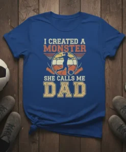 I Created A Monster She Calls Me Dad text with soccer player graphic and cleats on a blue t-shirt
