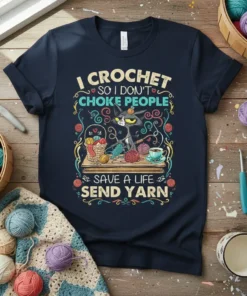 T-shirt with the quote "I Crochet So I Don't Choke People Save A Life Send Yarn" and a cartoon cat