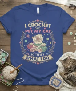 I Crochet and Pet My Cat So That's What I Do quote with a cute cat holding yarn on a