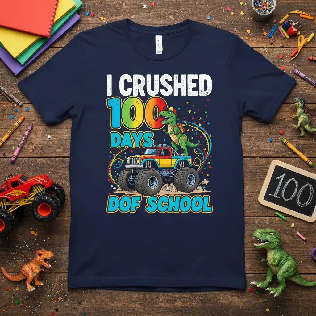 I CRUSHED 100 DAYS DOF SCHOOL text with dinosaur riding a monster truck, festive school celebration design