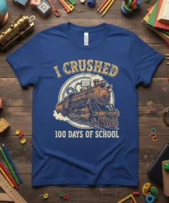 Blue t-shirt with "I CRUSHED 100 DAYS OF SCHOOL" text and a vintage steam train graphic, perfect for 100th day