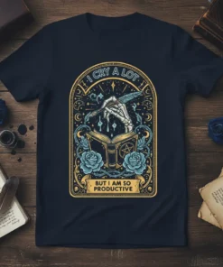 T-shirt with "I Cry A Lot But I Am So Productive" quote, skeleton hand writing in a book, roses, and