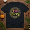 Black t-shirt with colorful "I Curry" text and a decorative mandala design, featuring a pink heart