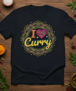 Black t-shirt with colorful "I Curry" text and a decorative mandala design, featuring a pink heart