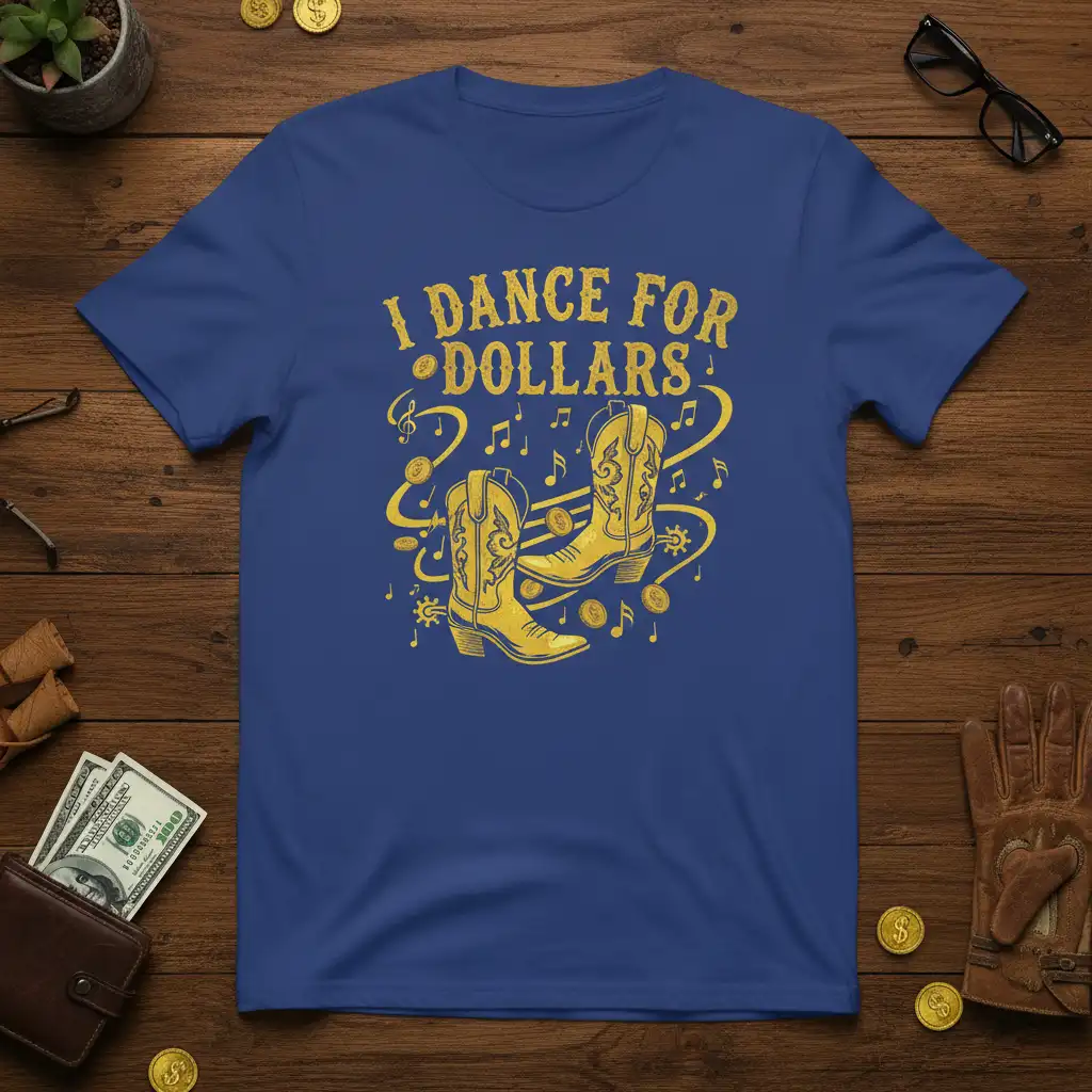 I Dance For Dollars text with cowboy boots, coins, and musical notes on a blue graphic tee