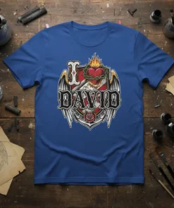 I DAVID name t-shirt with a flaming Sacred Heart, crown of thorns, wings, and rose in a shield design