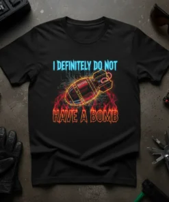 I DEFINITELY DO NOT HAVE A BOMB text with a vintage bomb graphic and fiery accents on a black t-shirt