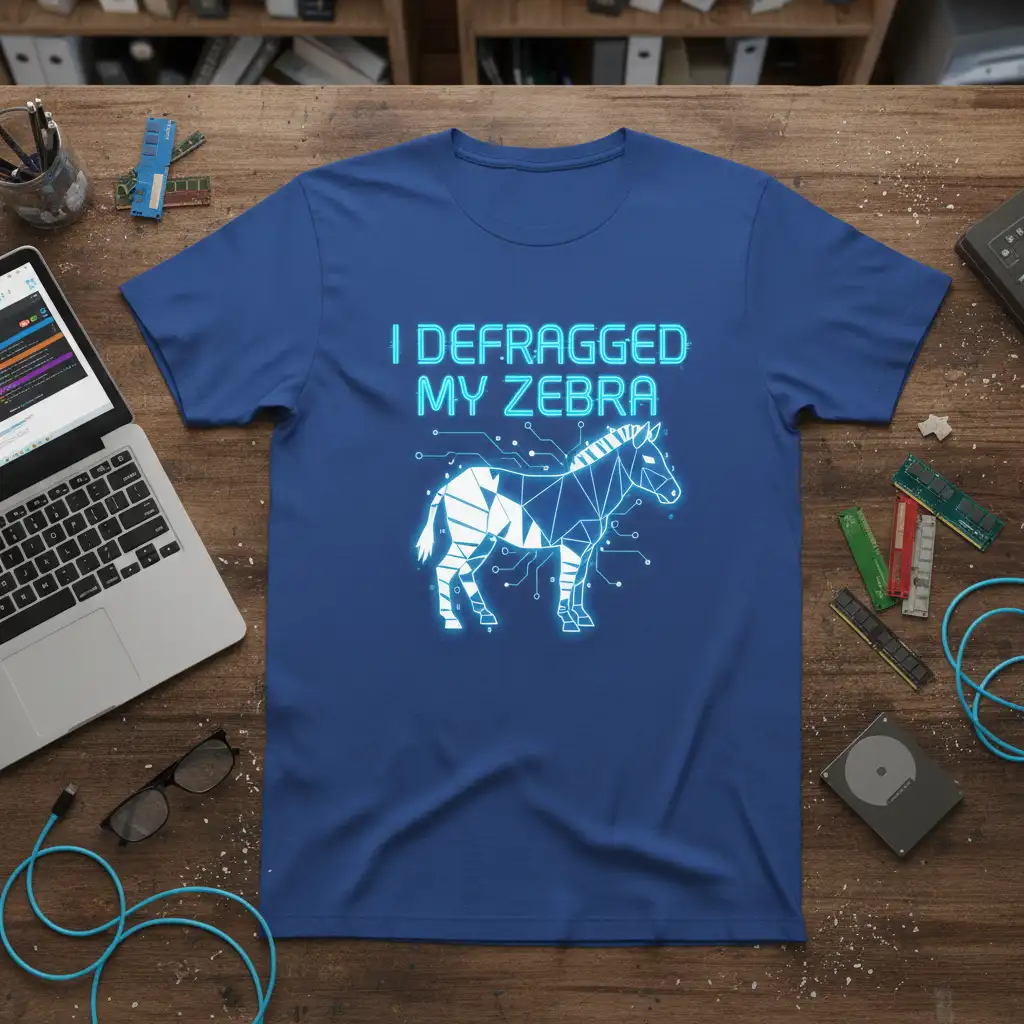 I DEFRAGGED MY ZEBRA quote with geometric polygonal zebra on a blue t-shirt design
