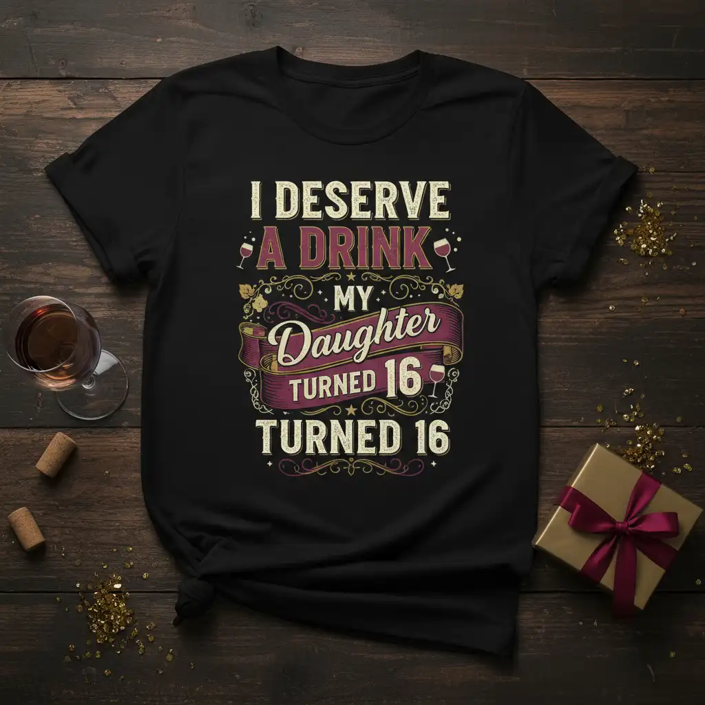 I DESERVE A DRINK MY Daughter TURNED 16 TURNED 16 quote with wine glasses on a black t-shirt design