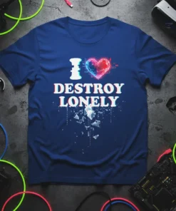 I Destroy Lonely Heart T-Shirt with glitch effect and digital heart graphic
