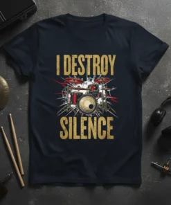 I Destroy Silence drummer t-shirt with a graphic of a drum set and lightning bolts, text in gold distressed font