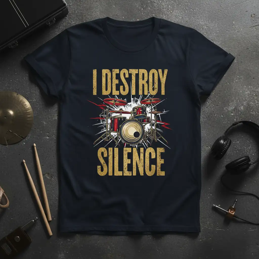 I Destroy Silence humorous quote on a drummer t-shirt featuring a detailed drum set graphic and energetic lightning effects