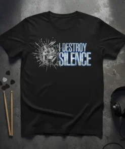 Black t-shirt with "I Destroy Silence" text and a graphic of a shattered drum kit