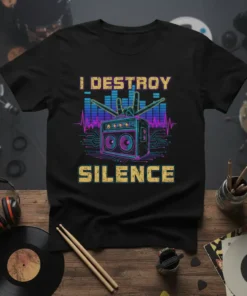 I Destroy Silence text with rock concert equalizer graphic and hand horns on a black t-shirt