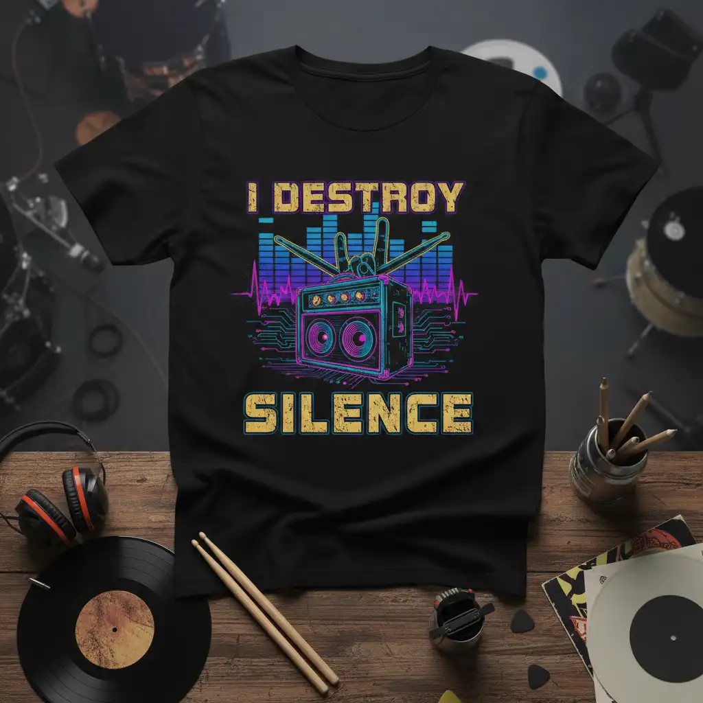 I Destroy Silence quote with colorful equalizer and rock hand symbol on a music-themed t-shirt