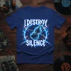 I Destroy Silence text with a violin graphic on a blue t-shirt, featuring electric blue lightning and musical notes