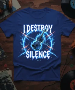 I Destroy Silence text with a violin graphic on a blue t-shirt, featuring electric blue lightning and musical notes
