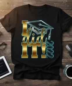 Black t-shirt with "I did IT! 2022" in gold metallic font and a graduation cap graphic, symbolizing achievement