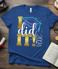 I did IT! 2024 graduation t-shirt with a mortarboard cap and confetti design