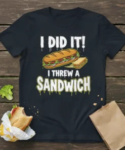 I Did It! I Threw A Sandwich quote with graphic of a large sandwich and a flying sandwich slice on