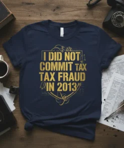 T-shirt with gold text "I DID NOT COMMIT TAX FRAUD IN 2013" and subtle financial graphics, dark navy blue fabric