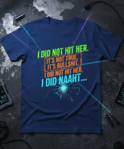 I Did Not Hit Her quote t-shirt in neon green, orange, and blue typography with a cracked glass graphic