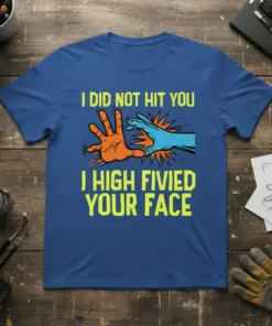 T-shirt with yellow text "I DID NOT HIT YOU I HIGH FIVIED YOUR FACE" and cartoon hands graphic