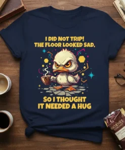 Funny duck with coffee saying "I Did Not Trip! The Floor Looked Sad, So I Thought It Needed A Hug"