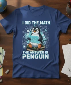 I Did The Math The Answer Is Penguin funny math quote t-shirt with a cartoon penguin sitting on books