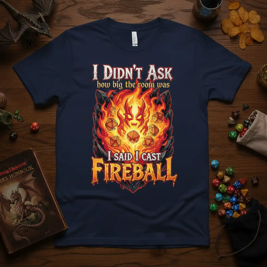 I Didn't Ask How Big The Room Was I Said I Cast Fireball quote t-shirt featuring flames and RPG dice