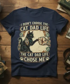 I Didn't Choose The Cat Dad Life The Cat Dad Life Chose Me quote on a navy t-shirt with a