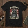 Graphic t-shirt with text "I Didn't Choose The Dad The Cat Dad Life Chose Me" featuring a black cat wearing