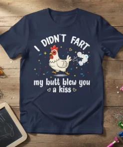 Chicken graphic with "I Didn't Fart My Butt Blew You A Kiss" text on a navy t-shirt