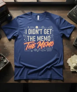 I Didn't Get The Memo The Memo quote on a navy blue t-shirt with retro graphics and white and orange