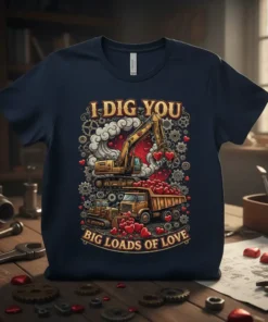 I Dig You Big Loads of Love T-Shirt with excavator and dump truck graphic and hearts