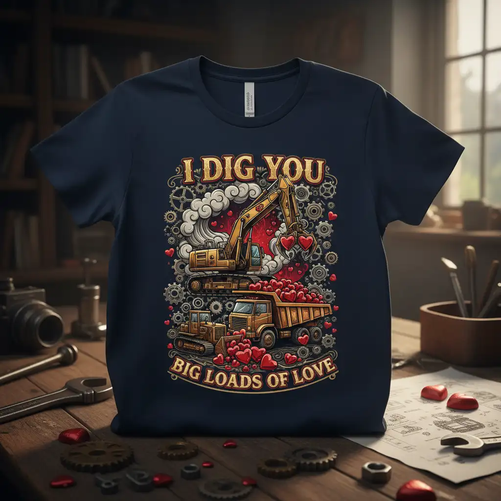 I Dig You Big Loads of Love construction valentine t-shirt design with excavator and dump truck