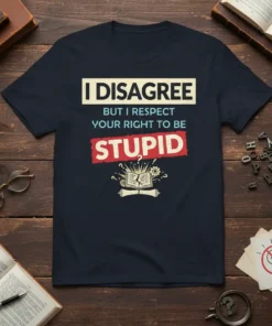 T-shirt design with bold text "I DISAGREE BUT I RESPECT YOUR RIGHT TO BE STUPID" in white and red, featuring