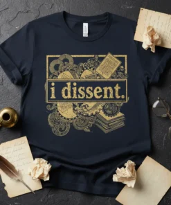 Dark navy t-shirt with a vintage gold graphic that says "i dissent." surrounded by gears, books, and scrolls