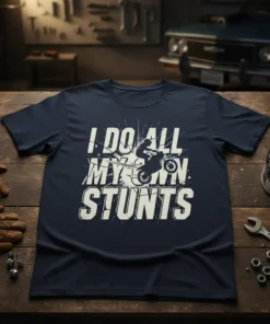I Do All My Own Stunts T-Shirt featuring a motocross rider performing a stunt, white text on navy blue shirt
