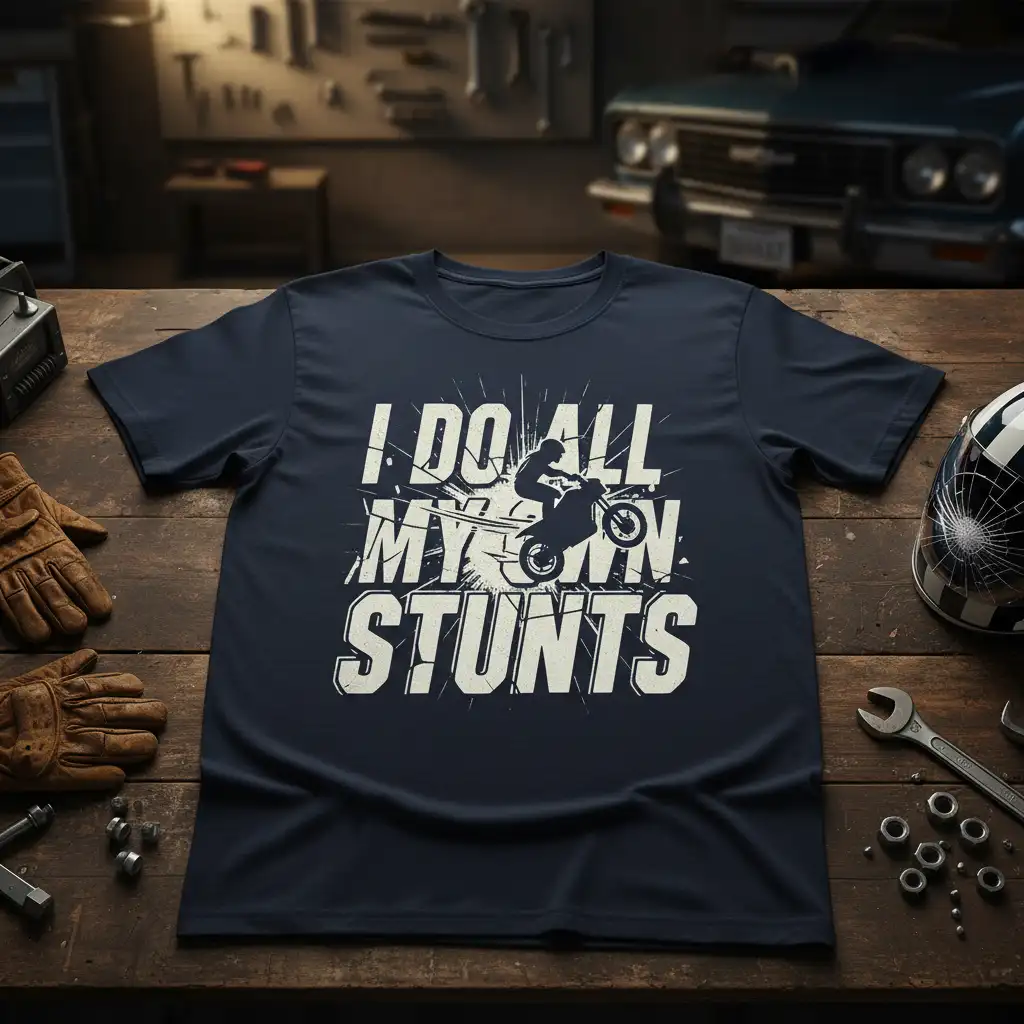 I Do All My Own Stunts quote with motocross rider graphic on a dark navy t-shirt