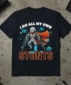 Robot with crutches and cast wearing a cape, text says "I Do All My Own Stunts" on a black t-shirt